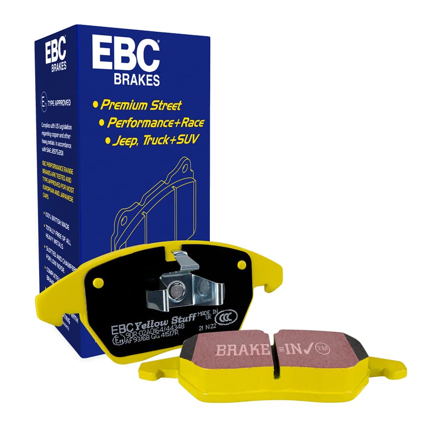EBC Yellowstuff — poglądowe zdjęcie serii, opakowania i klocków hamulcowych